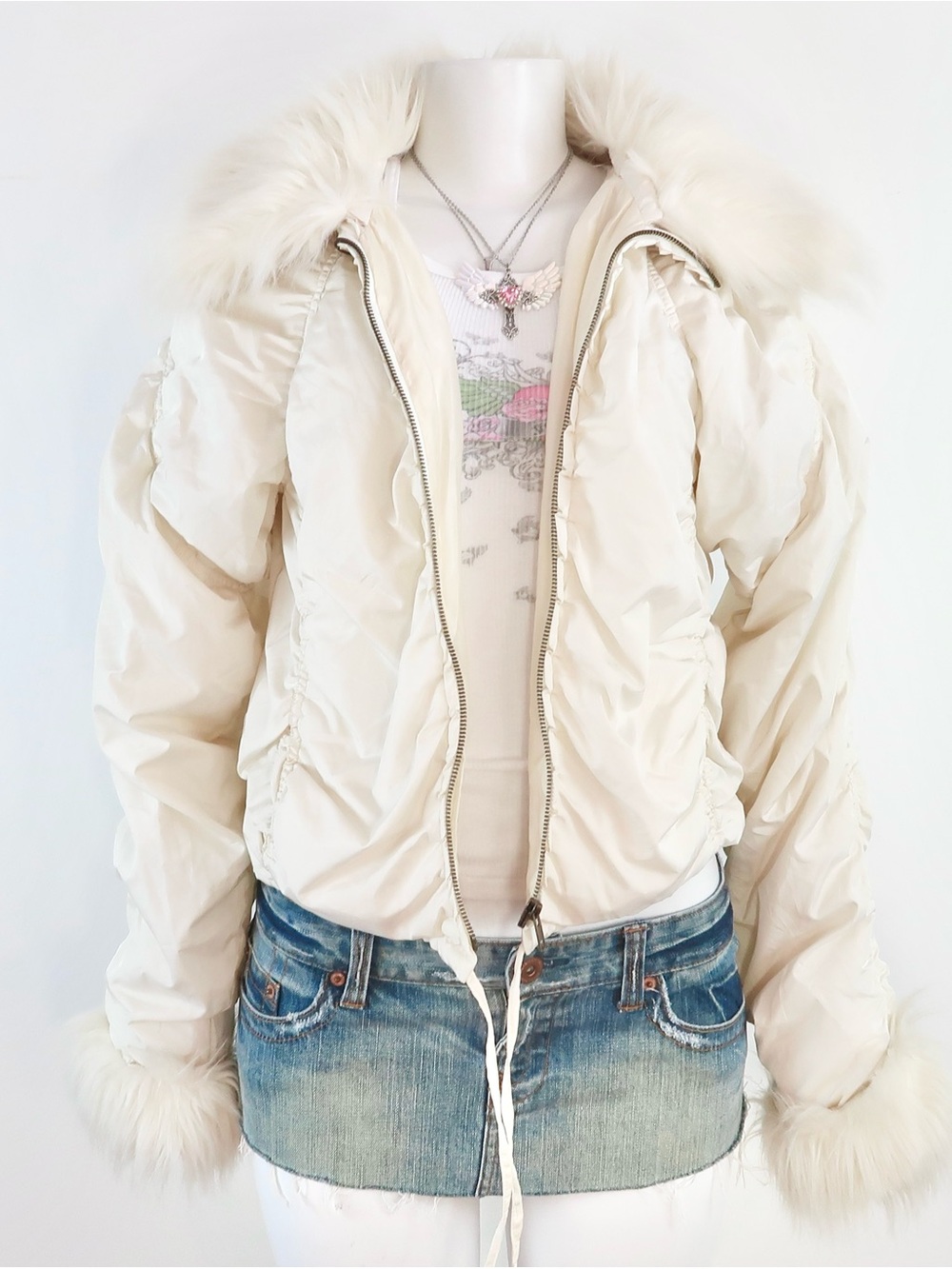 express cream puffer jacket faux fur trim hood y2k
